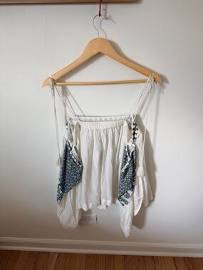 Free People White Off-Shoulder Bohemian Top with Blue Embroidery NWT
